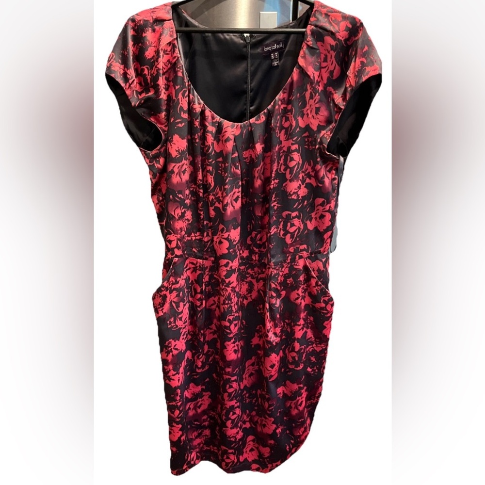Long Tall Sally Pink Gray Floral Dress round Neck Pockets short Sleeves, Size 16